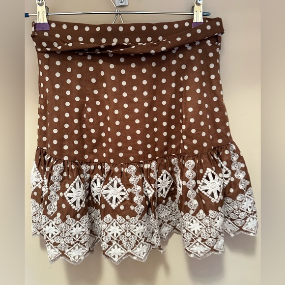 MIGUELINA Brown Polka Dot Print Mini Skirt NEW  w/embroidery lace accents sz s - Picture 7 of 7